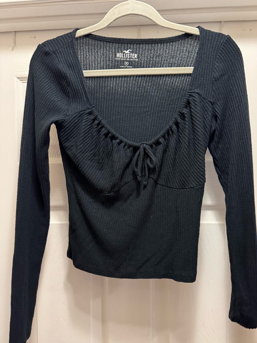 Hollister Black Ribbed Scoop-Tie Long Sleeve Top